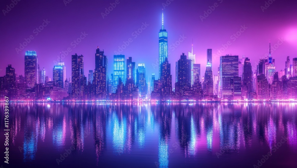 A city skyline is reflected in the water A city skyline is reflected in the water