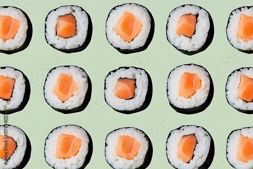 Delicious salmon maki sushi pieces arranged in a regular pattern, creating an appetizing culinary scene photo