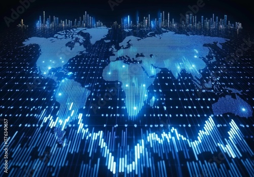 A blue and white image of the world with a lot of lines and numbers