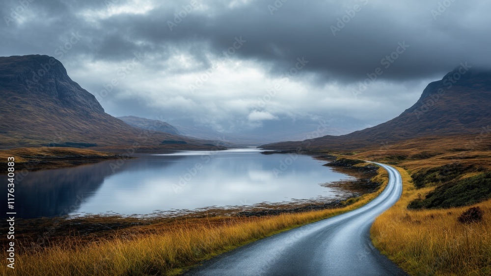 A Moody Road Winds Through the Scottish Highlands on a Cloudy Autumn Day A Moody Road Winds Through the Scottish Highlands on a Cloudy Autumn Day