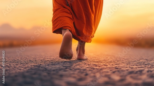 Bare feet of a monk walking. Making merit by giving alms according to the beliefs of Buddhism concept. photo