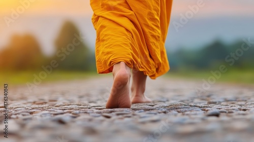 Bare feet of a monk walking. Making merit by giving alms according to the beliefs of Buddhism concept. photo