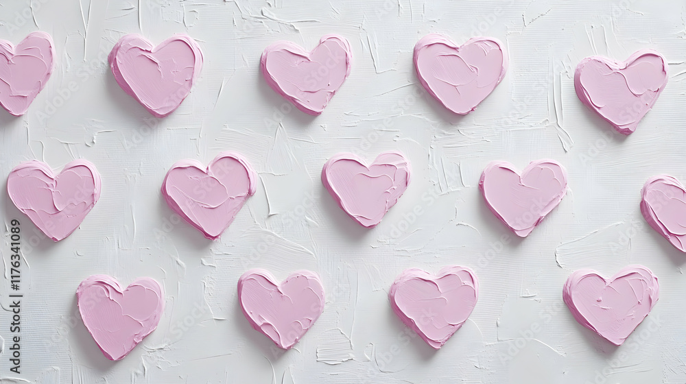 A flat lay of pink heart shapes arranged on a textured white background. A flat lay of pink heart shapes arranged on a textured white background.