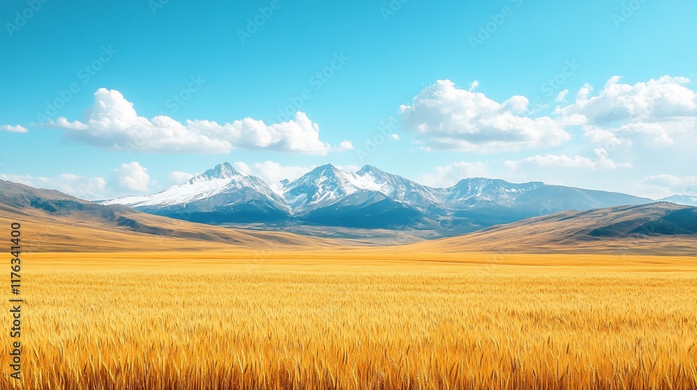 Fototapeta premium Golden wheat field under a clear sky with snow-capped mountains in the background.