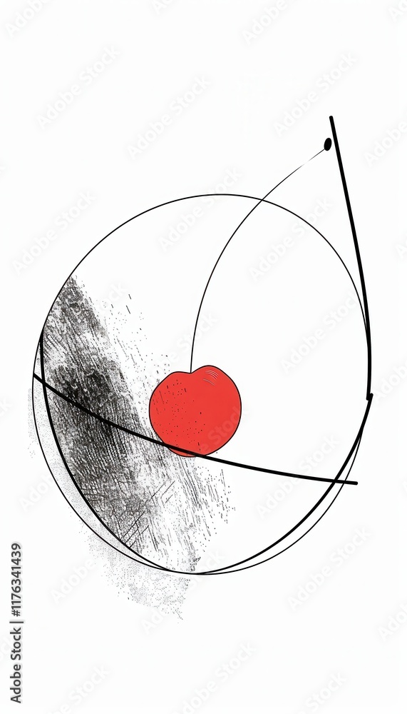 Abstract art featuring a red cherry within a circular frame. Black lines and textured shading create a dynamic composition. Ideal for minimalist posters or social media graphics. Abstract art featuring a red cherry within a circular frame. Black lines and textured shading create a dynamic composition. Ideal for minimalist posters or social media graphics.