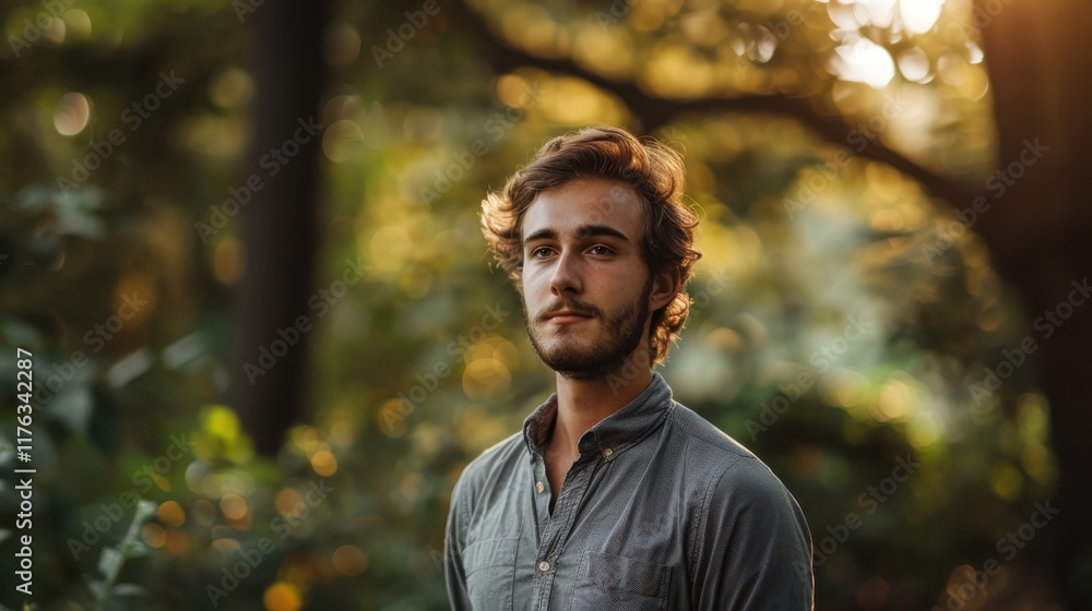 Young man standing in a lush green forest during golden hour with soft sunlight illuminating his features, creating a serene and peaceful atmosphere. Young man standing in a lush green forest during golden hour with soft sunlight illuminating his features, creating a serene and peaceful atmosphere.