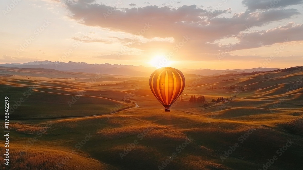Breathtaking Sunset Over Majestic Countryside with Floating Hot Air Balloon in Peaceful Solitude Breathtaking Sunset Over Majestic Countryside with Floating Hot Air Balloon in Peaceful Solitude