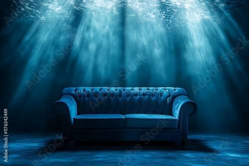 Stylish blue sofa surrounded by surreal underwater lighting in a creative visual setting.