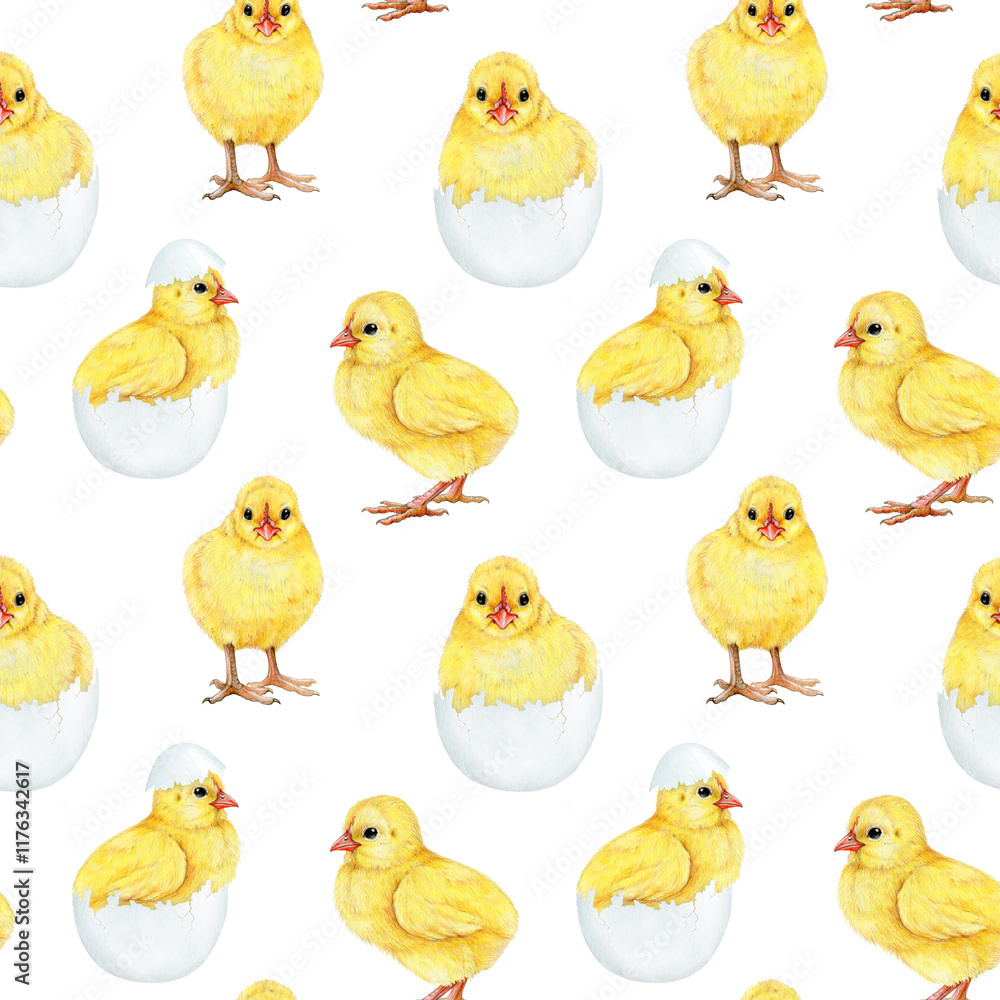 Cute yellow chicks with eggs seamless pattern on white background. Hand drawn vintage style illustration. Perfect for Easter designs, spring decor, baby showers, kids projects and rustic-themed art Cute yellow chicks with eggs seamless pattern on white background. Hand drawn vintage style illustration. Perfect for Easter designs, spring decor, baby showers, kids projects and rustic-themed art