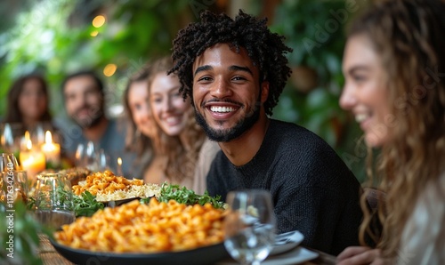 A joyful gathering with friends enjoying a meal, surrounded by greenery and candlelight.