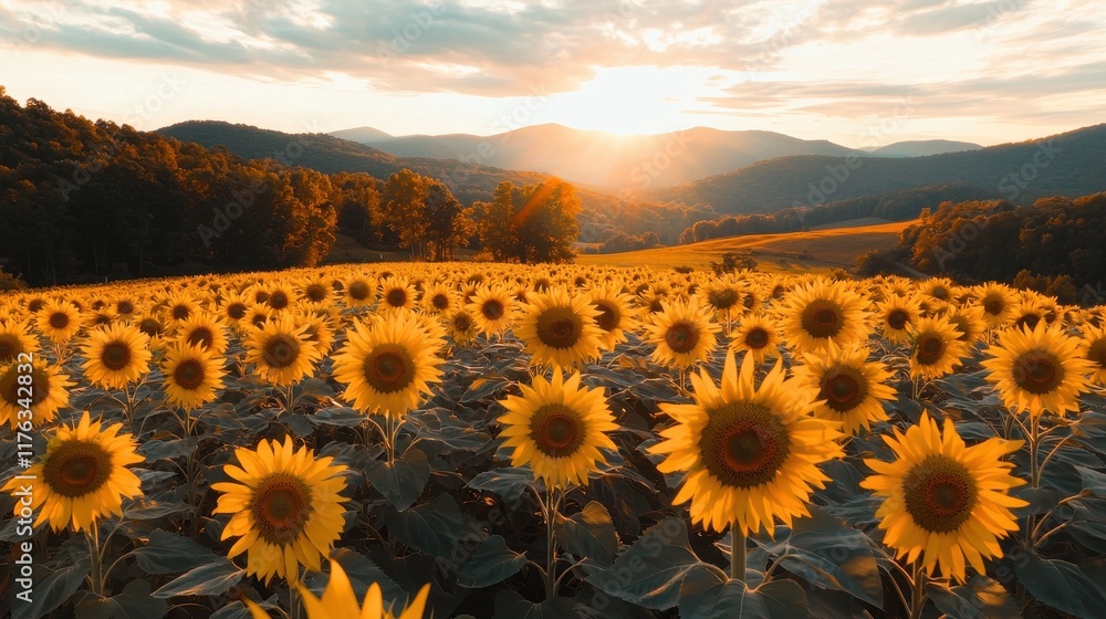 Fototapeta premium Breathtaking sunflower field at golden sunset in scenic landscape with mountains in background