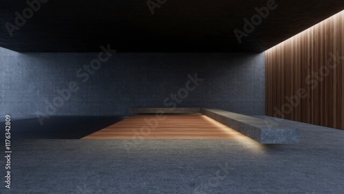 Minimalist Modern Interior with Contrasting Textures and Ambient Lighting