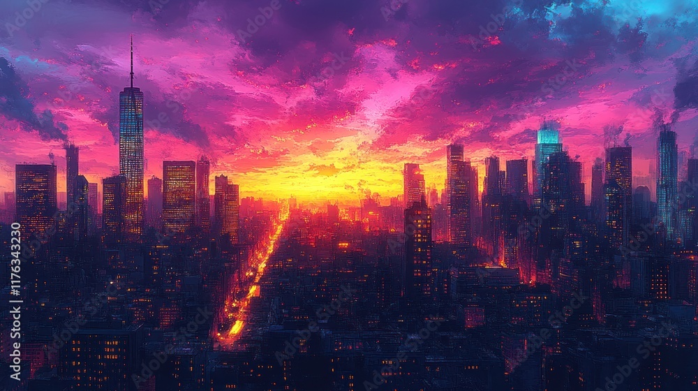 Fototapeta premium Vibrant sunset over illuminated city skyline.