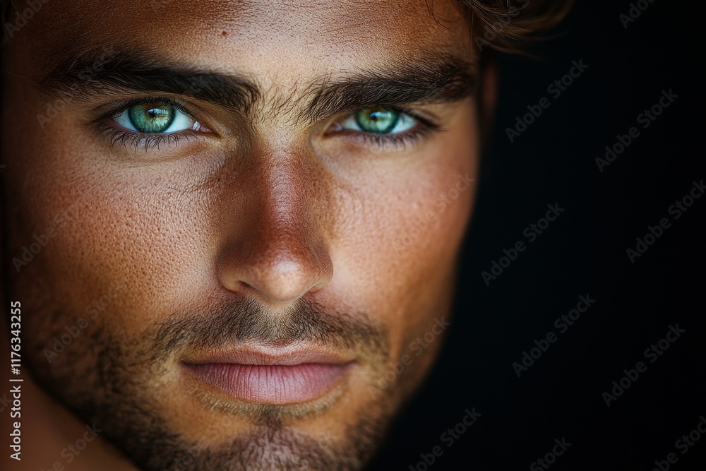 A man with green eyes and a beard A man with green eyes and a beard