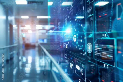 Medical technology hospital setting showcasing use computer technologies for treatment. Concept Hospital Technologies