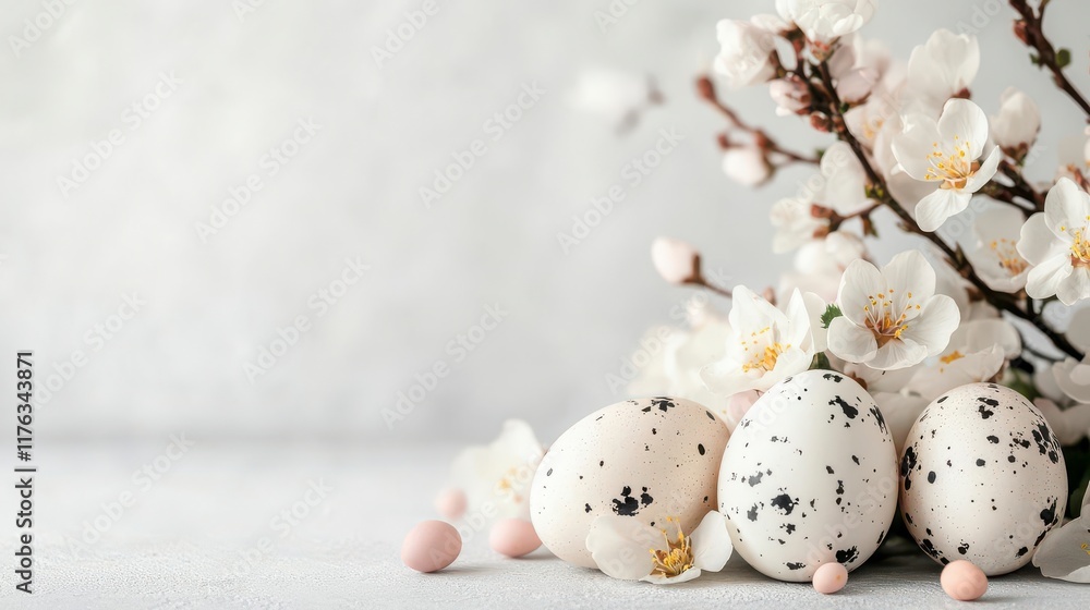 Fototapeta premium Spring's gentle arrival: delicate blossoms and speckled Easter eggs.