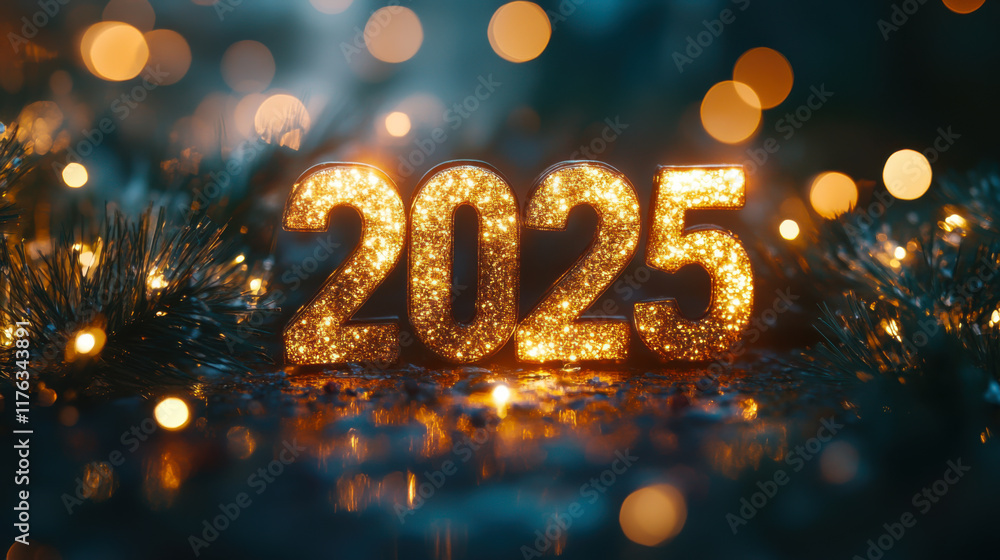 Golden digits with text bokeh lights in the background. new year backdrop Golden digits with text bokeh lights in the background. new year backdrop