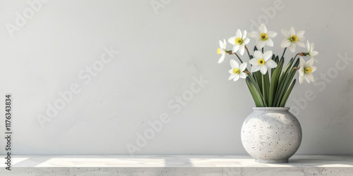 minimalist Home office, interior for bloggers workplace with white daffodils in a vase