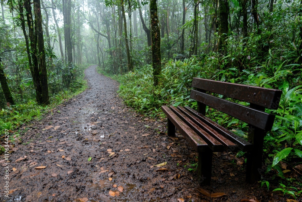 Serene Forest Path with Wooden Bench Surrounded by Lush Greenery Serene Forest Path with Wooden Bench Surrounded by Lush Greenery