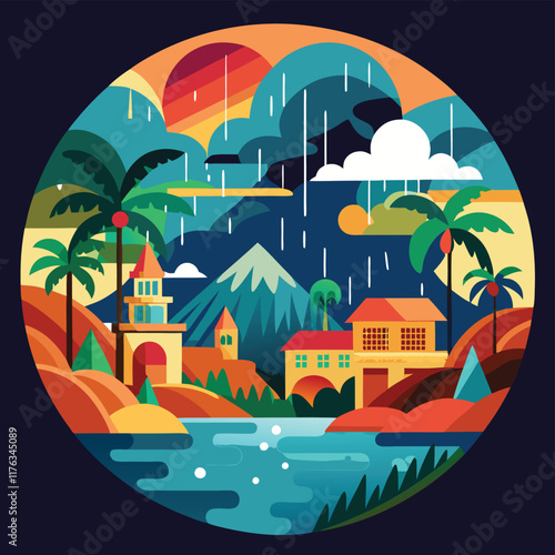 A high-quality, eye-catching image of a vibrant monsoon scene, such as a scenic landscape with monsoon rain or an urban view with rain effects.