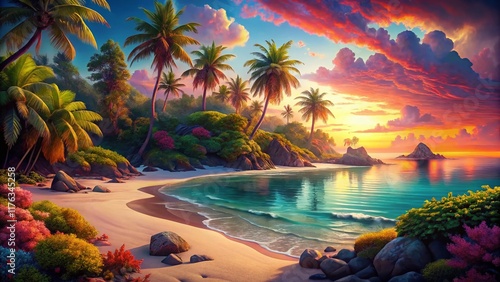 Surreal Tropical Beach Paradise: Vibrant Juice-Colored Ocean & Dreamlike Sands