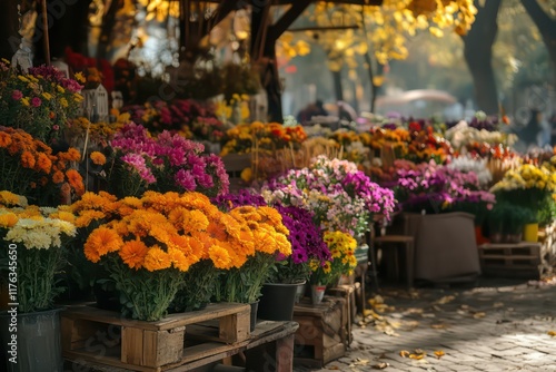 . A picturesque scene of a fresh flower stall with colorful autumn blooms like marigolds, mums, and asters, creating a warm, inviting atmosphere. photo