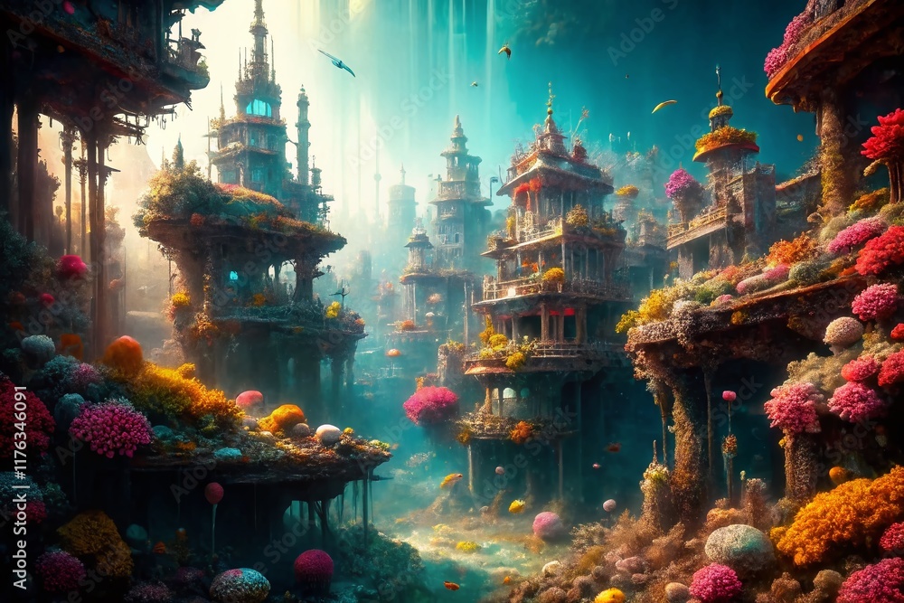 Naklejka premium Surreal Underwater City Reflecting Water Pollution Crisis