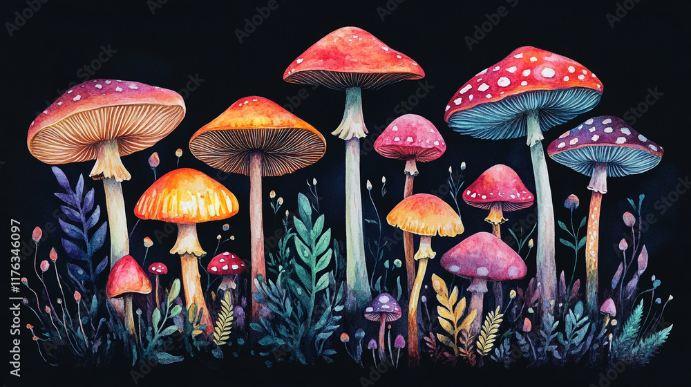 Fototapeta premium Colorful mushroom cluster in forest, the artwork of depicting various mushroom species, colorful high textured background.
