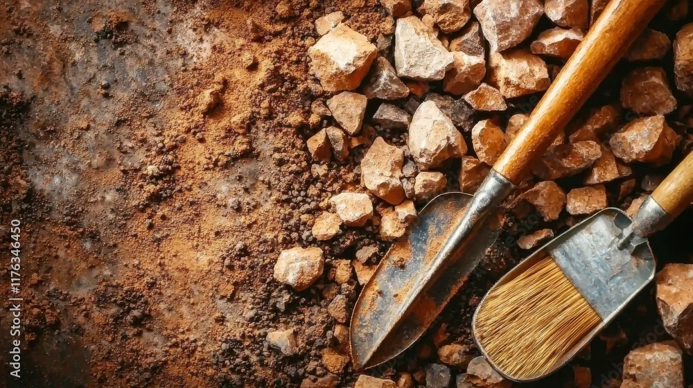 Fototapeta premium Vintage Painting Brushes on Gritty Dirt and Rock Ground