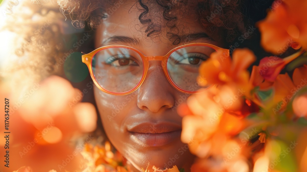 A close-up portrait of a woman with curly hair and orange glasses surrounded by vibrant orange flowers, capturing a moment of beauty and serenity in a natural setting. A close-up portrait of a woman with curly hair and orange glasses surrounded by vibrant orange flowers, capturing a moment of beauty and serenity in a natural setting.