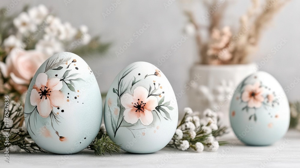 Obraz premium Delicate floral Easter eggs, pastel hues, spring blossoms. Celebrate the season!