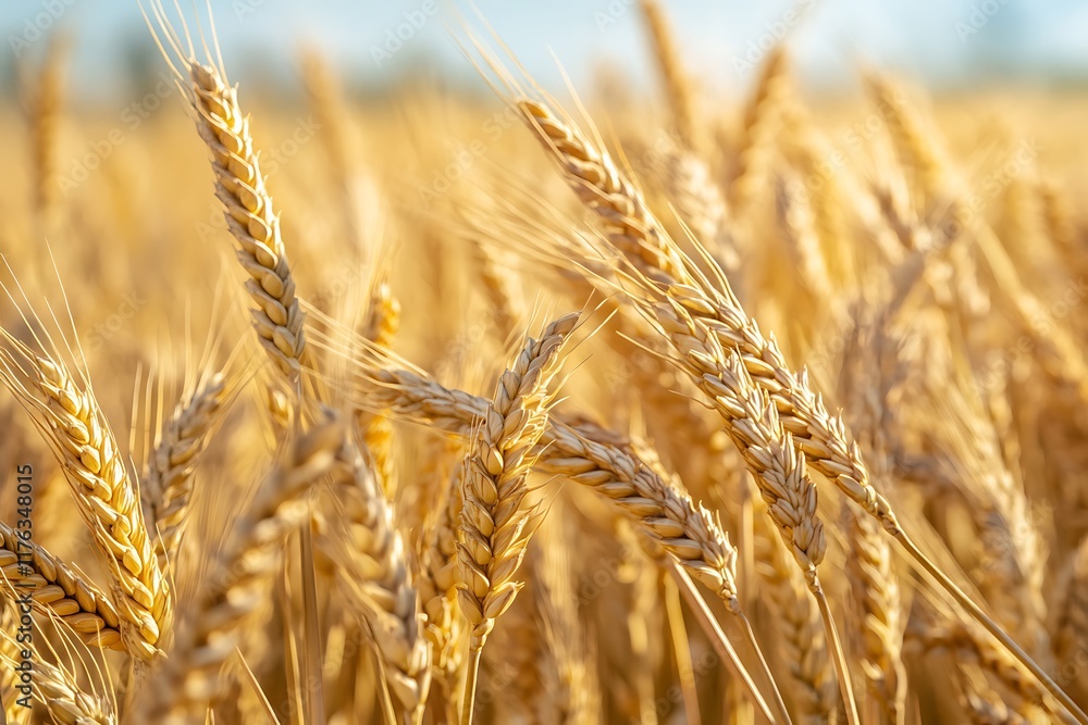Close-up of ripe golden wheat stalks swaying in the gentle breeze of a sunny day, ready for harvest Close-up of ripe golden wheat stalks swaying in the gentle breeze of a sunny day, ready for harvest