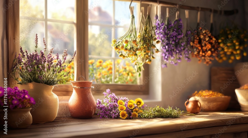 Cozy Farmhouse Window Sill Arrangement with Potted Plants and Flowers in Rustic Home Interior Cozy Farmhouse Window Sill Arrangement with Potted Plants and Flowers in Rustic Home Interior