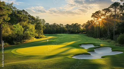beautiful golf course at sunset, featuring lush green fairways, sand trap, and flag on green. serene landscape invites relaxation and enjoyment of game