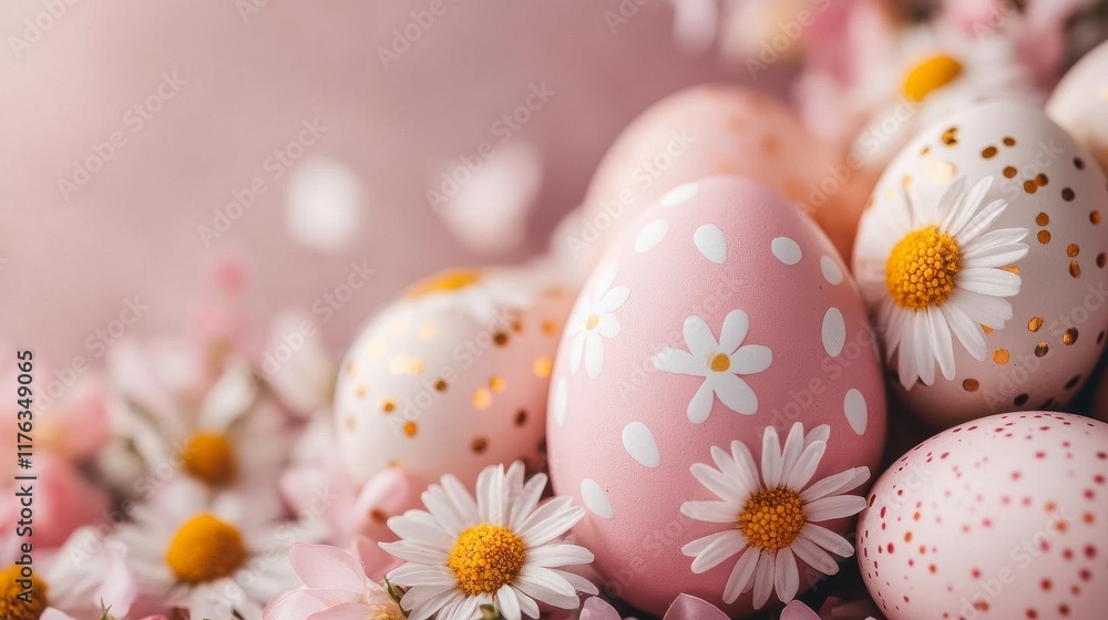 Fototapeta premium Delicate pink Easter eggs adorned with daisies, a springtime delight!