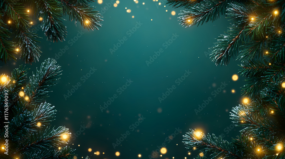 Fototapeta premium Winter pine branches adorned with Christmas lights