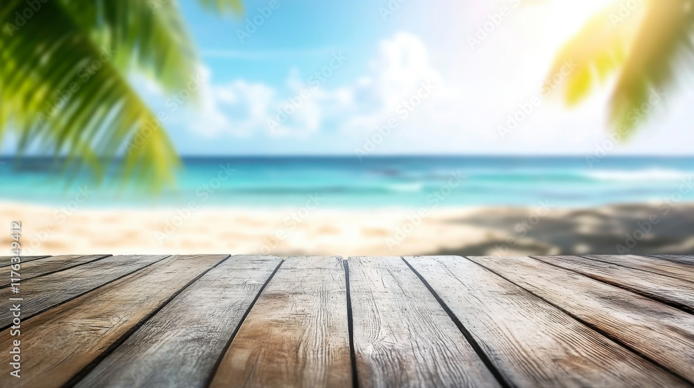 Wooden boards with blurred sea background and coconut palm leaves Wooden boards with blurred sea background and coconut palm leaves