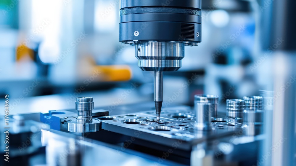 Precision Engineering at Work: High-Tech CNC Machine Tool Measuring Component Parts in a Modern Manufacturing Facility with Advanced Technology Precision Engineering at Work: High-Tech CNC Machine Tool Measuring Component Parts in a Modern Manufacturing Facility with Advanced Technology