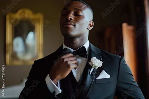 A man in a black suit is getting ready for a wedding