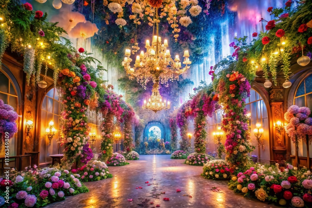 Surreal Wedding Hall Flower Decoration: Dreamlike Floral Arch & Floating Petals Surreal Wedding Hall Flower Decoration: Dreamlike Floral Arch & Floating Petals