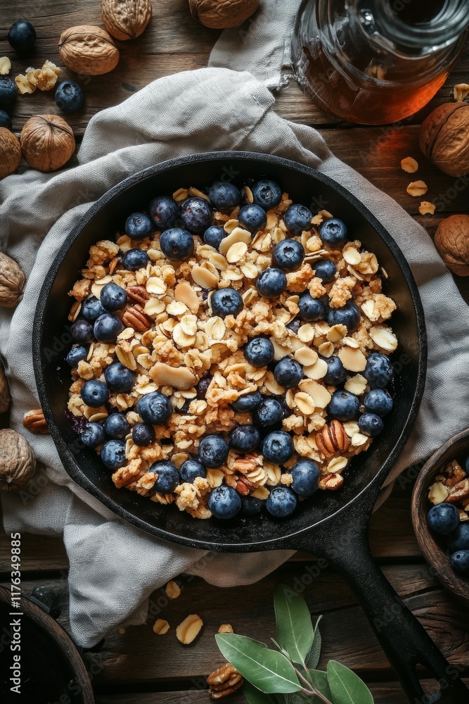 A bowl of blueberries and nuts is on a table A bowl of blueberries and nuts is on a table