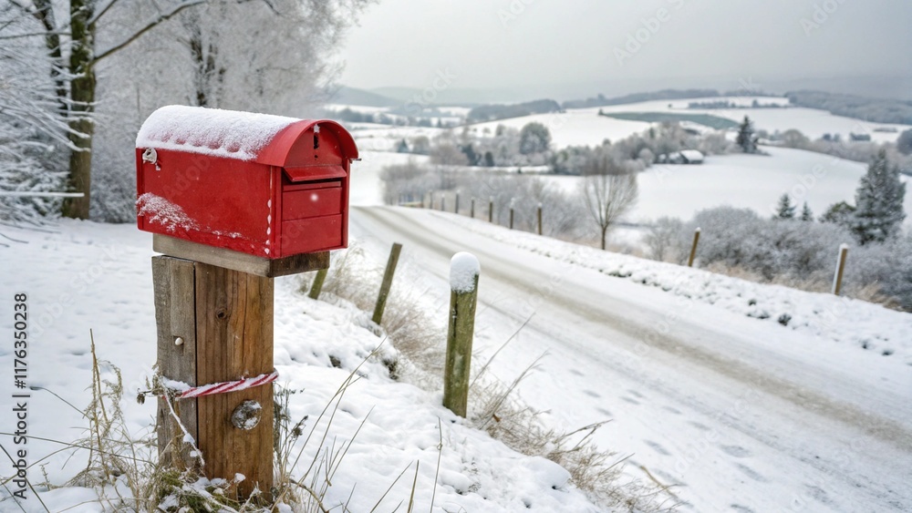 Naklejka premium Bright Red Mailbox on Wooden Post in Winter Landscape