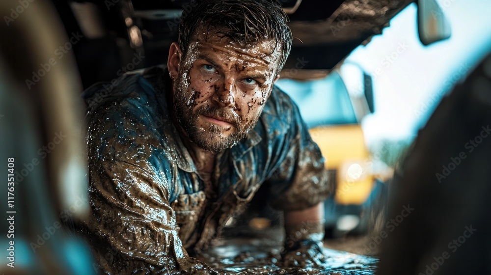 Portrait of a rugged gritty outdoor adventurer facing intense challenges and hardships in the wilderness The man s weathered mud caked face shows determination grit Portrait of a rugged gritty outdoor adventurer facing intense challenges and hardships in the wilderness The man s weathered mud caked face shows determination grit