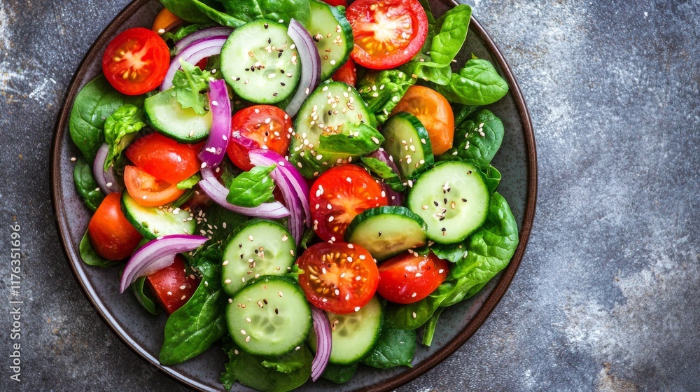 Healthy vegetable salad with fresh tomato, cucumber, onion, spinach, lettuce, and sesame seeds on a plate, perfect for a nutritious diet menu – top view of colorful and fresh ingredients for healthy e Healthy vegetable salad with fresh tomato, cucumber, onion, spinach, lettuce, and sesame seeds on a plate, perfect for a nutritious diet menu – top view of colorful and fresh ingredients for healthy e