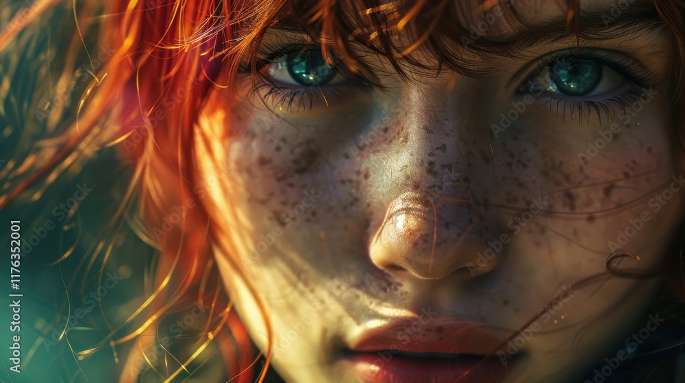 Close-up Portrait of a Young Woman with Bright Red Hair and Freckles Capturing Soft Light and Vivid Expression in an Intimate Outdoor Setting Close-up Portrait of a Young Woman with Bright Red Hair and Freckles Capturing Soft Light and Vivid Expression in an Intimate Outdoor Setting