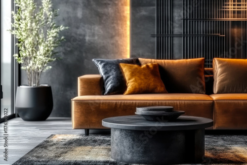 Dark Tone Minimalist art deco loft interior design of modern living room
