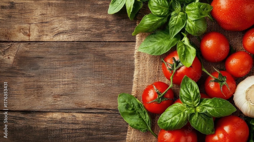 Fresh Tomatoes and Basil on Rustic Wooden Table for Homemade Italian Cuisine Fresh Tomatoes and Basil on Rustic Wooden Table for Homemade Italian Cuisine