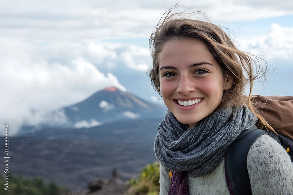 Happy hiker smiling with active volcano and clouds in background during a sunny day Happy hiker smiling with active volcano and clouds in background during a sunny day