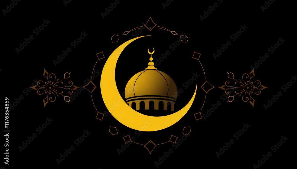 Fototapeta premium A crescent moon embracing a mosque dome, surrounded by Islamic geometric ornaments.