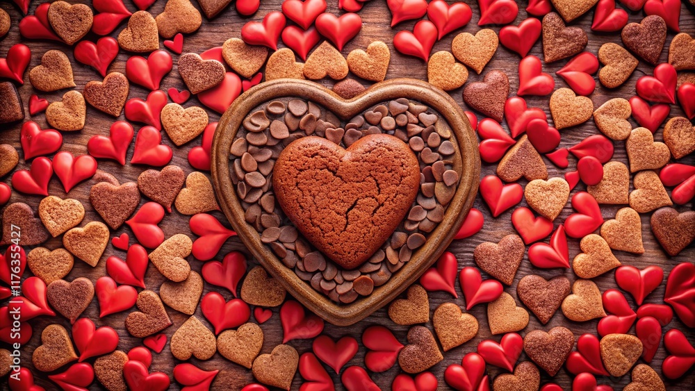 Obraz premium Sweet Heart-Shaped Chocolate Cookies on Red Hearts Background - Top View